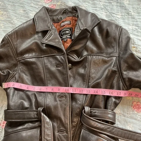 Vintage TW Tannery West Womens Med Black Lined Leather Belted Jacket Hipster Y2K - Picture 9 of 14